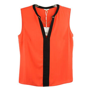 Milano Shirt Womens S Rust Orange & Black Sleeveless V-Neck & Gold Clasp Top NEW
